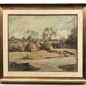 Óleo sobre lienzo "Escena Campestre" de Dante Cola con marco dorado - imagen 3