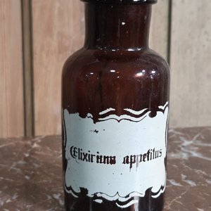 Frasco de Farmacia Antiguo "Elixirium Appetitus" Vidrio Ámbar 15 cm - imagen 2