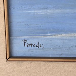 Óleo firmado "Paredes" - Paisaje rural con casas y río - imagen 3