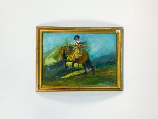 Cuadro al óleo sobre fibra: Gaucho a caballo, firmado Nilda Poppolo (1998) - imagen 1