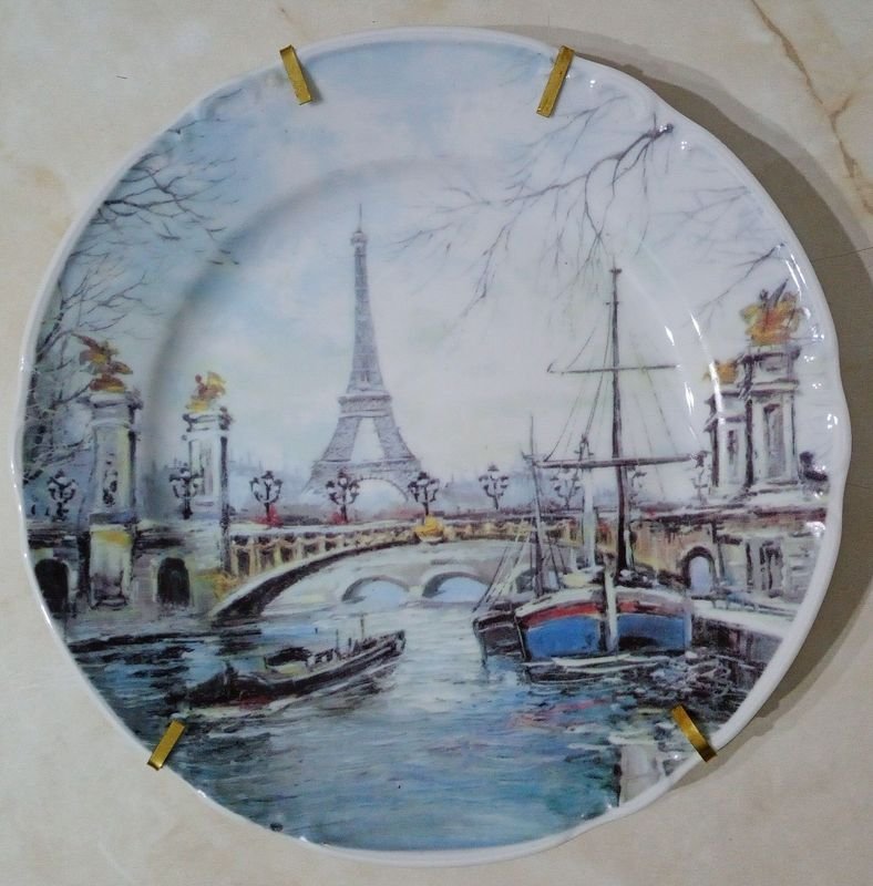 Plato Decorativo Porcelana París Sena Puente Alejandro III Torre Eiffel Artertre
