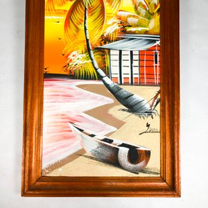 Cuadro al Óleo sobre Tela: Paisaje Tropical con Palmera y Canoa, Marco de Madera - imagen 3