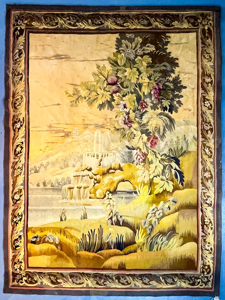Tapiz Francés Tejido en Lana: Paisaje Lacustre con Flores y Vegetales