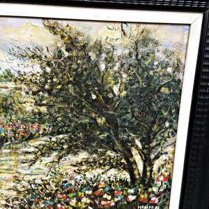 Cuadro al Óleo: Paisaje de Lago, Árboles y Flores, Firmado "Marisa 86" - imagen 3