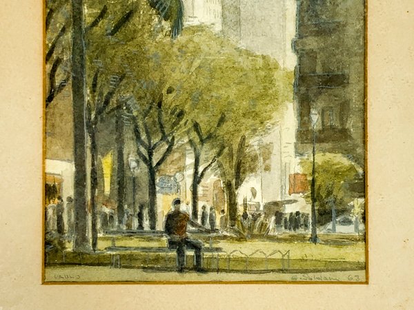 Pintura óleo sobre cartón de E. Soldán, Plaza céntrica con edificios y personajes - imagen 2