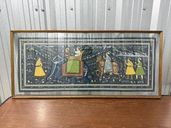 Ilustración Estilo Rajastaní-Mughal: Procesión Real con Marco Dorado