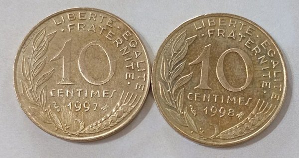 Monedas de 10 Céntimos Francos, años 1997 y 1998 - imagen 1