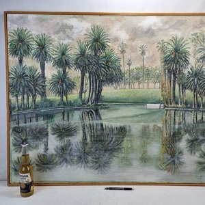 Lote siguiente: Óleo Paisaje Litoraleño de J. Calatayud: Palmeras y Reflejos en Agua