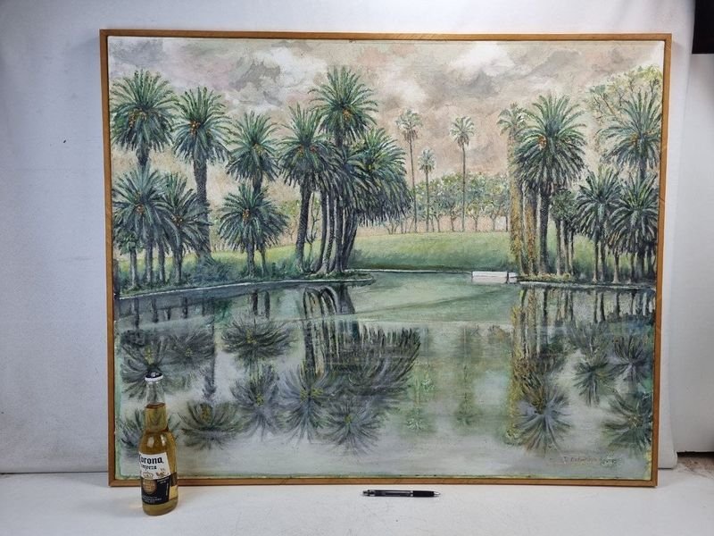 Óleo Paisaje Litoraleño de J. Calatayud: Palmeras y Reflejos en Agua