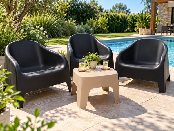 Juego de 3 Sillones Skarpo Negros y Mesa Auxiliar Beige de PVC para Exterior - imagen 1