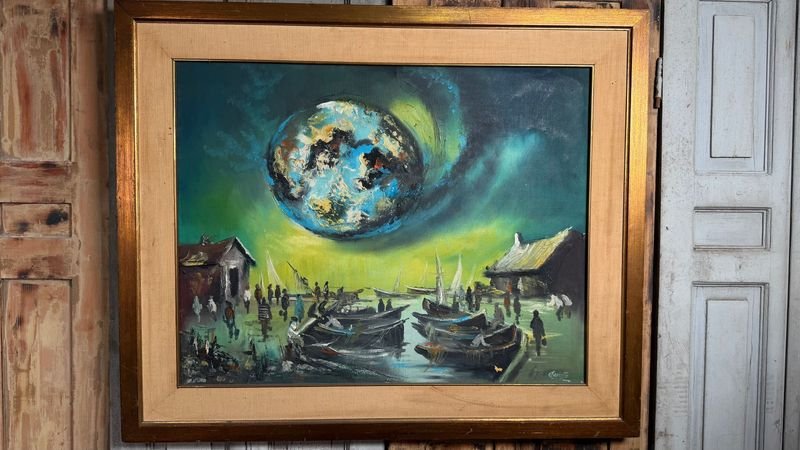 Óleo sobre tela "Puerto Nocturno" de Andrea Caruso Figari, 70x55cm