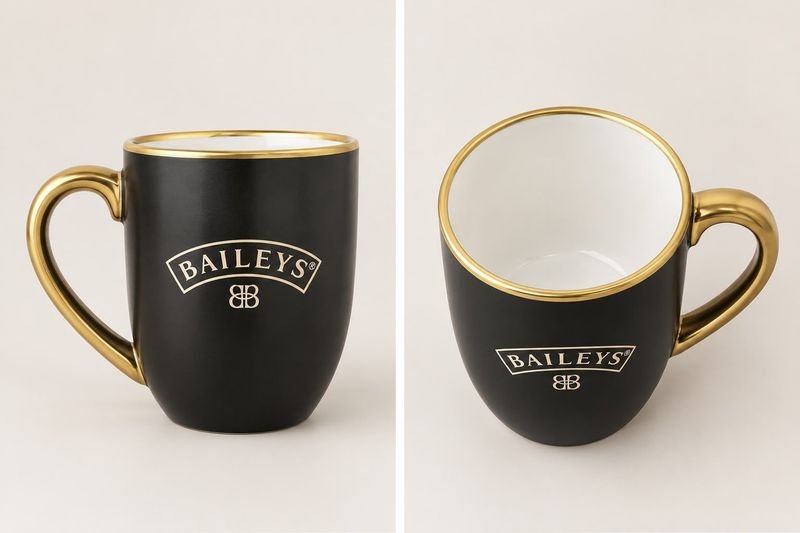 Taza de Licor Baileys Negra con Detalles Dorados