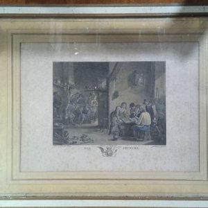 grabado enmarcado parece ser una reproducción de una escena de taberna flamenca atribuida o realizada After David Teniers the Younger - imagen 1