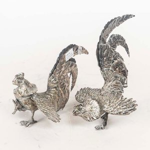 Par de Gallos de Riña de Bronce Plateado - Decoración Coleccionable - imagen 1
