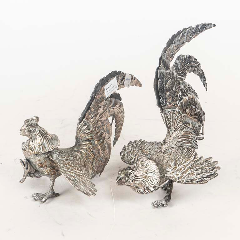 Par de Gallos de Riña de Bronce Plateado - Decoración Coleccionable