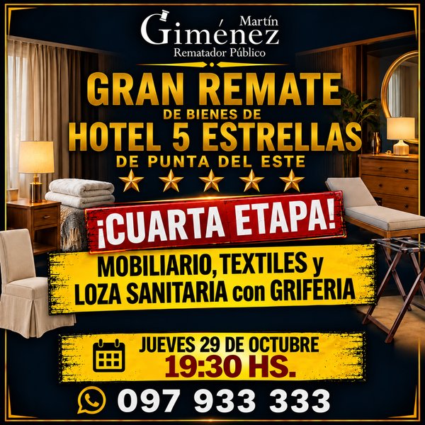 Gran Remate de Hotel 5 Estrellas: Mobiliario, Textiles y Loza Sanitaria