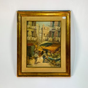Cuadro al óleo sobre tela: Caseríos y personajes en feria, firmado "P.E" - imagen 1