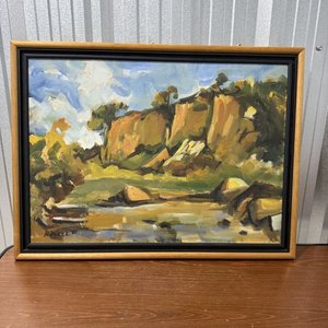 Oleo sobre Tela: Paisaje con Barrancas y Vegetación Firmado R. Pérez '95 - imagen 4