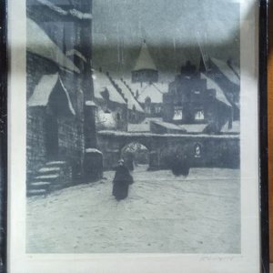 grabado titulado "Abend" (Tarde) o "Winterabend in der Stadt" (Tarde de invierno en la ciudad), realizado por el destacado pintor paisajista y grabador impresionista alemán Helmuth Liesegang - imagen 1