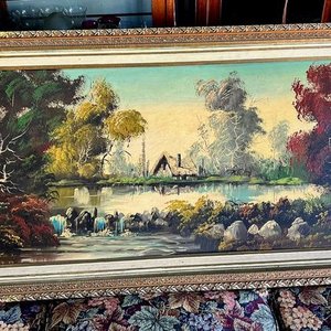 Óleo Paisaje Lacustre con Casa y Arboleda, Gran Formato, Firmado - imagen 2
