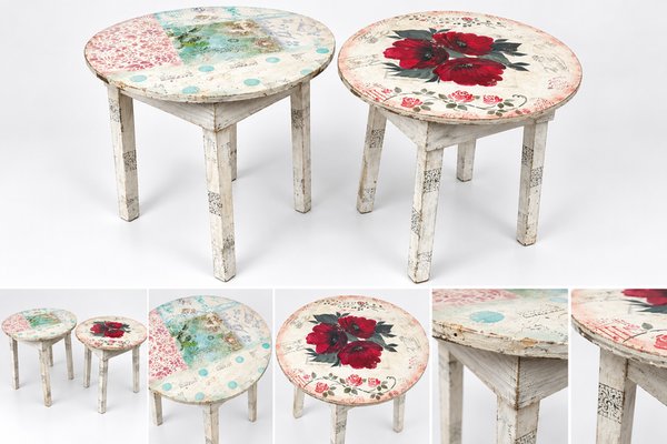 Par de Mesas Auxiliares Circulares Decoradas Estilo Shabby Chic