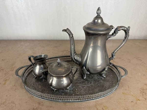 Juego de té en metal plateado 4 piezas completo