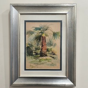 Carlos María Herrera: Acuarela de Palmera Firmada, Marco Plateado - imagen 2