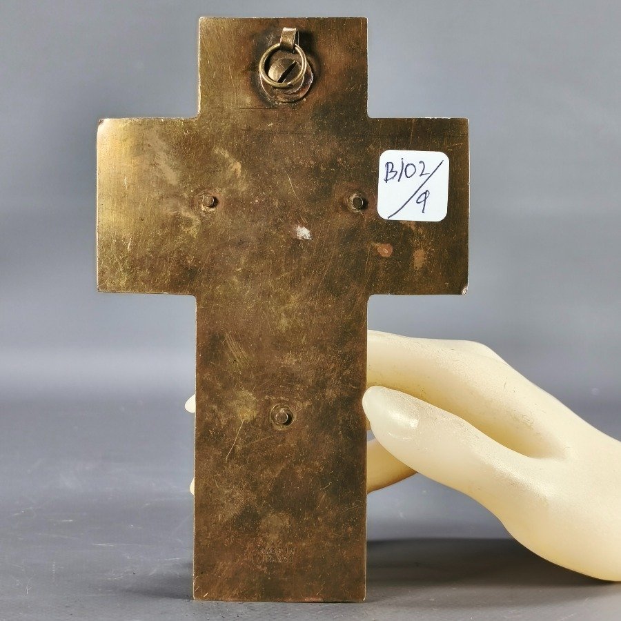 Crucifijo francés en bronce y esmalte sobre placa de mármol - imagen 8