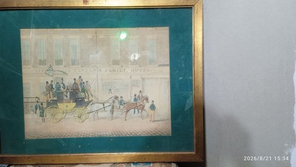 Cuadro "The British Tavern & Family Hotel" con carreta y caballos