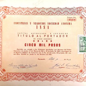 Dos Títulos de Acciones de Industrias y Negocios S.A. (INSA) - Paysandú 1963 - imagen 2
