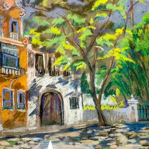 Cuadro a Pastel: Casa Colonial con Jardín y Árboles - 45x40 cm - imagen 2