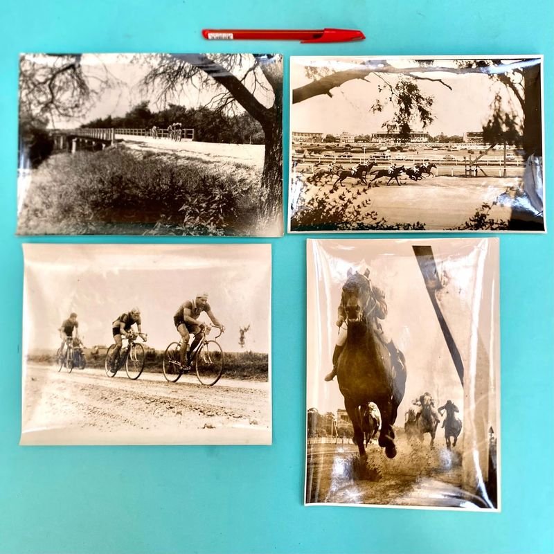 4 Fotos Antiguas Carreras Caballos y Ciclismo 23x17 cm