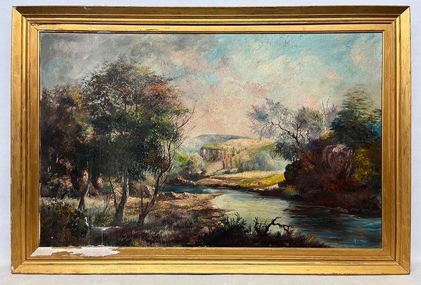 Lote anterior: Pintura al óleo de R. Costa: Paisaje con arroyo y montañas