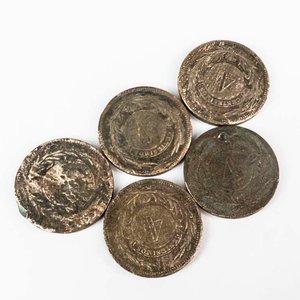 Lote siguiente: 5 Monedas de Cobre de Uruguay - 4 Centésimos de 1869
