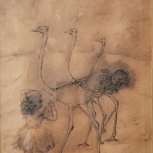 Dibujo Original de Carmelo de Arzadum: Niña y Avestruces - imagen 2