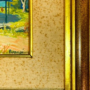Cuadro al óleo: Paisaje campestre con rancho y sierras, firmado - imagen 3