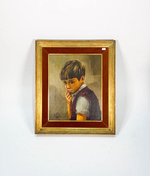 Pintura óleo sobre tela, niño con mano en la boca - imagen 1
