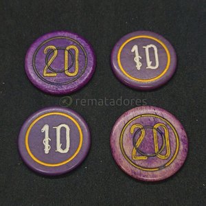 Lote siguiente: Lote de 4 fichas de juego o contadores, 2 de 20 y 2 de 10