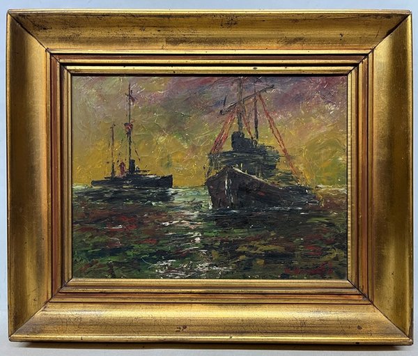 Lote siguiente: Pintura de Marina con Buque y Barco