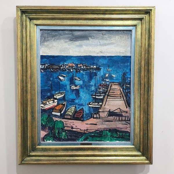 Óleo sobre lienzo "Escena de Puerto" de Jonio Montiel, con marco dorado