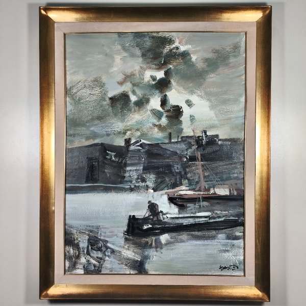 Pintura "Escena Marina" de Hugo Nantes, Acrílico sobre Fibra con Marco Dorado - imagen 1