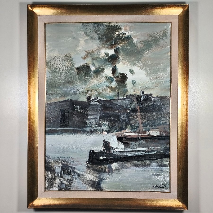 Pintura "Escena Marina" de Hugo Nantes, Acrílico sobre Fibra con Marco Dorado