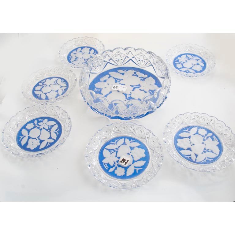 Juego de Fruta Cristal Hialino y Azul con Decoración Floral, 7 Piezas