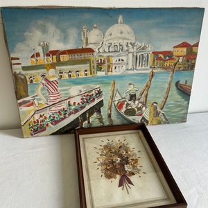 Lote de Dos Cuadros: Paisaje Veneciano y Flores Secas - imagen 2