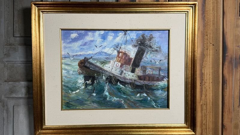 Óleo "Remolcador en el Puerto de Montevideo" por Milton Da Luz