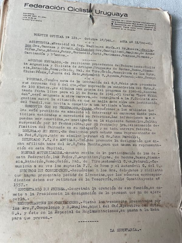Documentos Históricos Ciclismo Uruguayo: Vuelta Ciclista 1939, Velódromo y Cartas