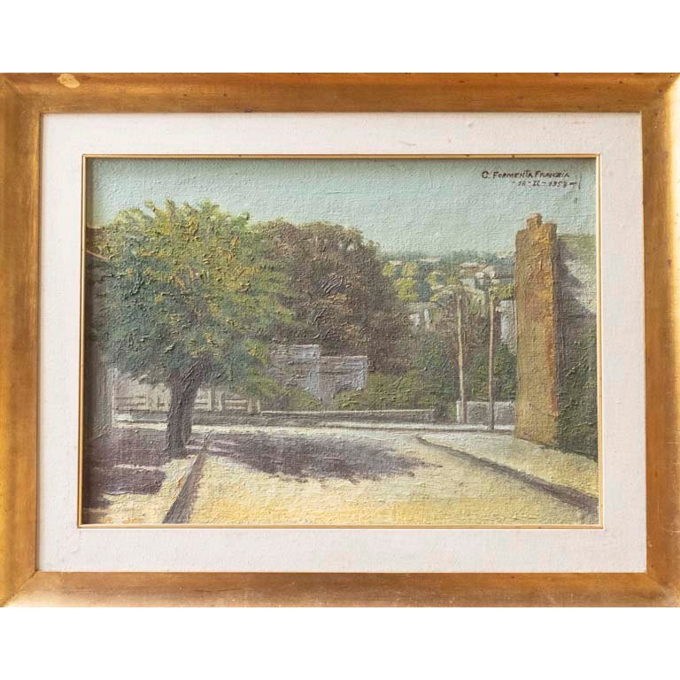 Óleo "Ciudad" de C. Formenta, Pintura Craquelada