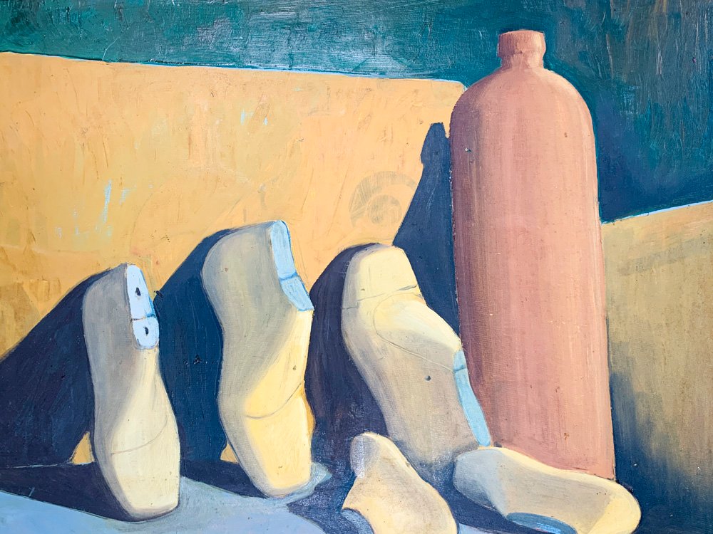 Pintura óleo sobre tela, hormas de zapatos y botellón - imagen 3