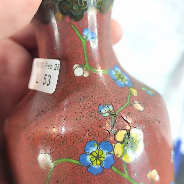 Antiguo potiche de bronce esmaltado cloisonné sin tapa, con decoración floral - imagen 4