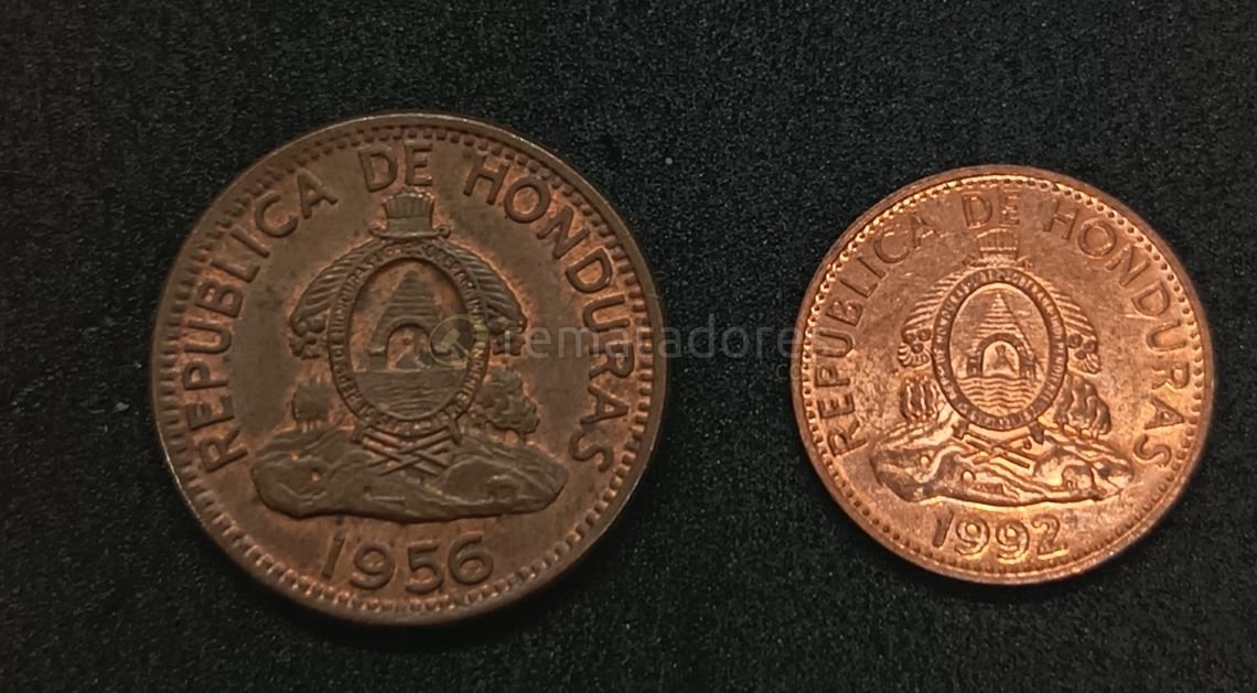 Dos Monedas de Honduras: 1 y 2 Centavos de Lempira (1956, 1992)